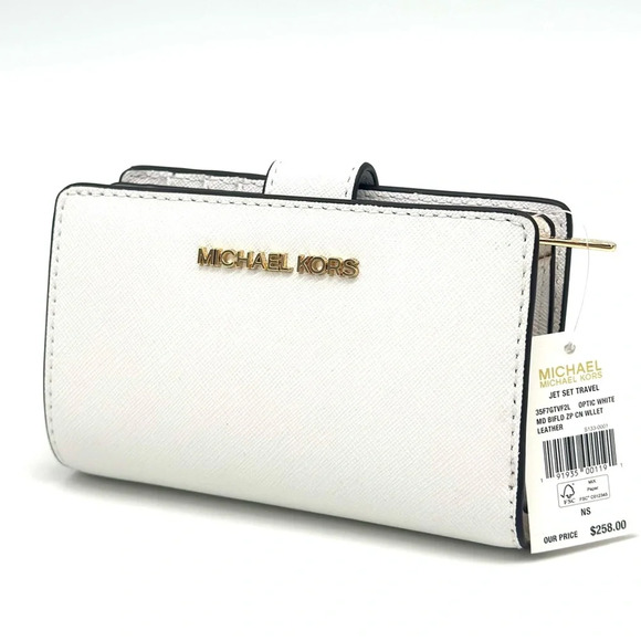 Michael Kors Medium Bifold Zip Chain Wallet Optic White - Picture 1 of 9